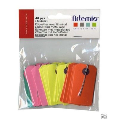 50 ETIQUETTES COULEURS FIL METAL 3.5x5CM
