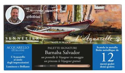 BOITE M�TAL 12 DEMI-GODETS AQUARELLE EXTRA-FINE SENNELIER + 1 PINCEAU -S�LECTION BARNABA SALVADOR