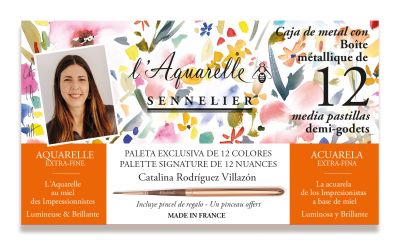 BOITE M�TAL 12 DEMI-GODETS AQUARELLE EXTRA-FINE SENNELIER + 1 PINCEAU -S�LECTION CATALINA RODRIGUEZ VILLAZON