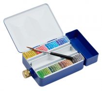 BOITE METAL EMAILLE BLEU AVEC RESERVE D\'EAU 8 1/2 godets AQUARELLE EXTRA FINE SENNELIER + CADEAUX