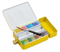 BOITE METAL EMAILLE JAUNE AVEC RESERVE D\'EAU 8 1/2 godets AQUARELLE EXTRA FINE SENNELIER + CADEAUX