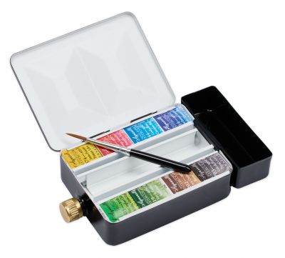 BOITE METAL EMAILLE NOIR AVEC RESERVE D\'EAU 8 1/2 godets AQUARELLE EXTRA FINE SENNELIER