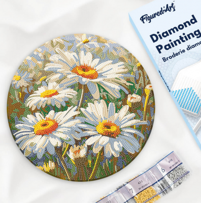 DIAMOND PAINTING SUR DISQUE EN BOIS 30CM MARGUERITES