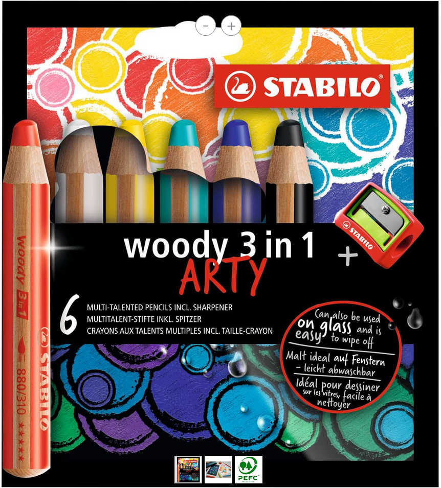 Etui carton 6 crayons multi-talents STABILO woody 3in1 ARTY + 1 taille- crayon