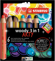 Etui carton 6 crayons multi-talents STABILO woody 3in1 ARTY + 1 taille-crayon  