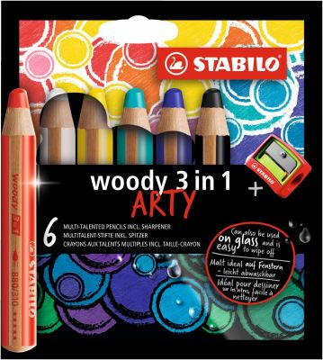 Etui carton 6 crayons multi-talents STABILO woody 3in1 ARTY + 1 taille-crayon  