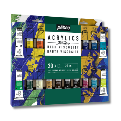 PACK STUDIO ACRYLICS PEBEO 20 TUBES 20ML + 1 BROSSE EN SOIE BEAU BLANC