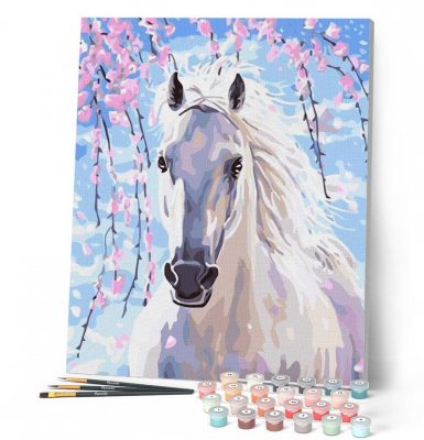 PEINTURE N� TOILE FIGURE D\'ART 40X50 CHEVAL ET FLEURS BLANCHES