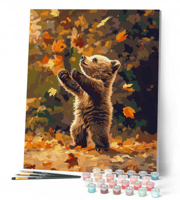 PEINTURE N� TOILE FIGURE D\'ART 40X50 OURSON ET FEUILLES TOMBANTES