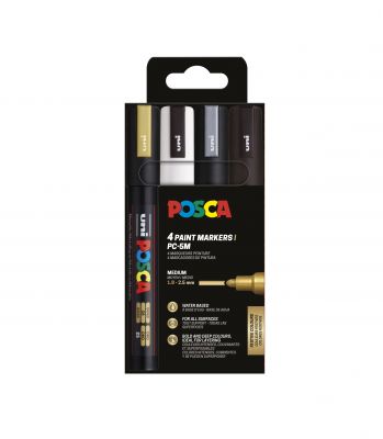 POCHETTE 4 POSCA PC5M ASSORTIS OR ARGENT NOIR BLANC