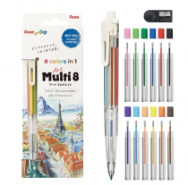 SET COMPLET PORTE-MINES CRAYONS DE COULEURS ART MULTI 8 + MINES DE RECHANGES PENTEL